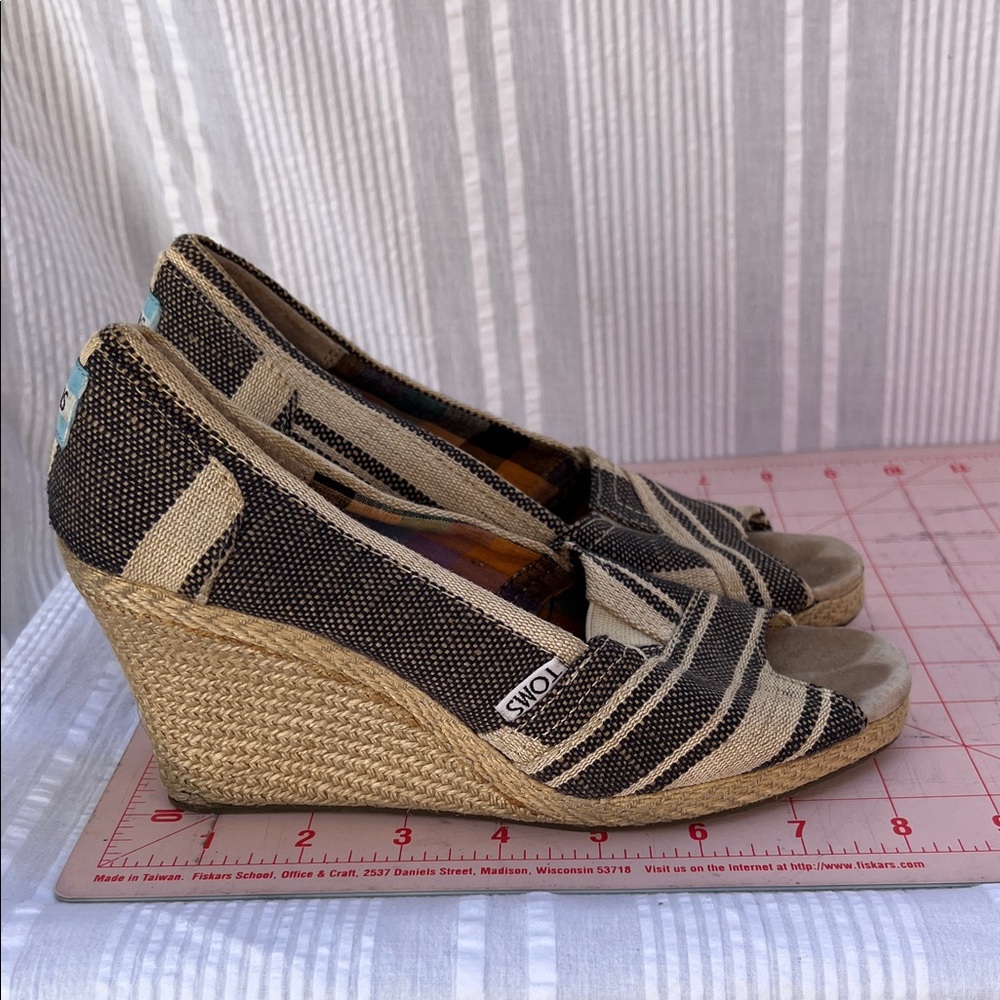 Toms Black and Tan Wedge Espadrilles